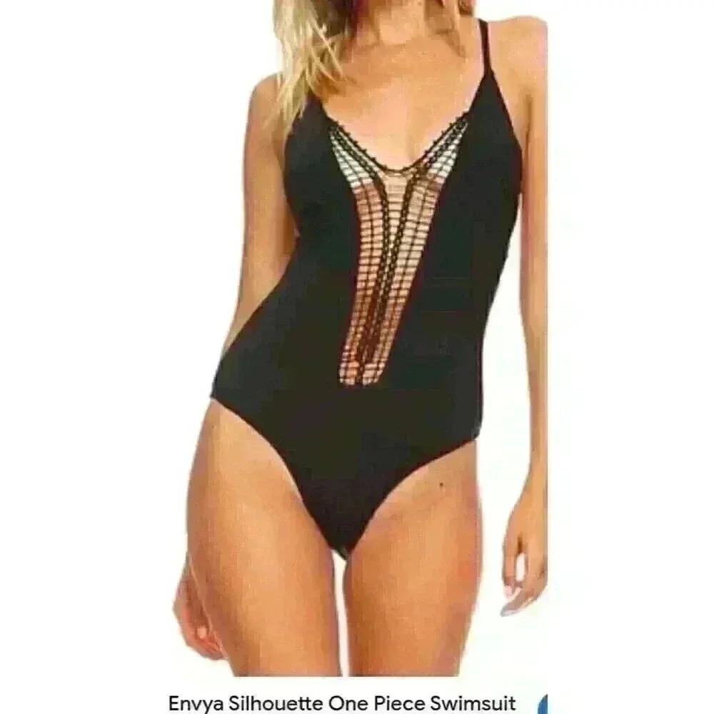 Envya Silhouette One‎ Piece Swimsuit Size Large Lace up back and padded cups $58